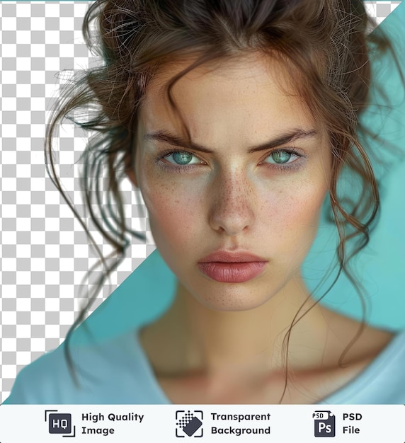 PSD high quality transparent psd portrait of an angry young casual woman with brown hair blue eyes a small nose and pink lips wearing a blue shirt