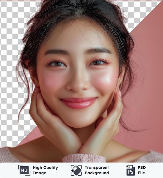 PSD high quality transparent psd portrait beautiful woman happy turned round smile in studio asian girl cosmetic and skincare concept