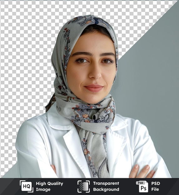 PSD high quality transparent psd portrait of a female pharmacist wearing a white shirt and gray scarf with a smiling face and brown eyes standing in front of a white wall