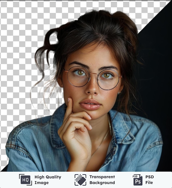 PSD high quality transparent psd portrait of a girl student in glasses dressed in a fashionable denim shirt worries about something nervous bites her nails waiting for the exam results