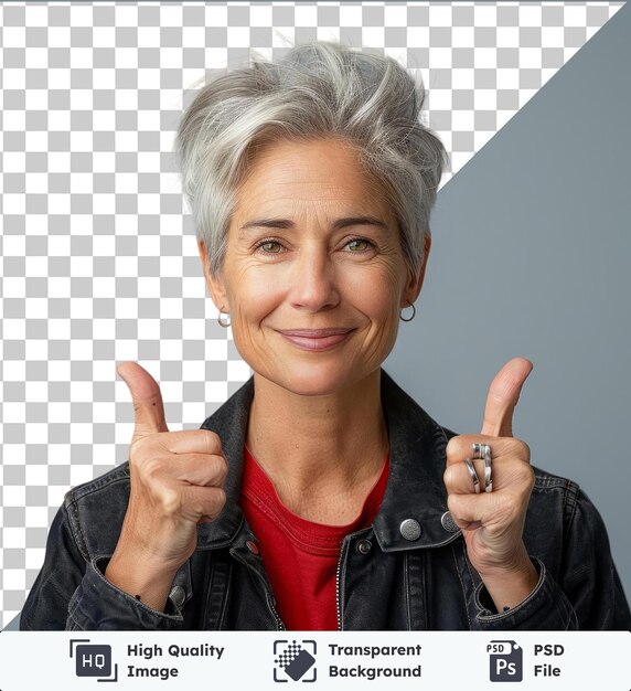 PSD high quality transparent psd portrait of a mature woman doing a winner gesture wearing a black jacket red shirt and silver earrings her gray hair frames her face which features a large