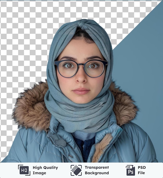 PSD high quality transparent psd portrait of young muslim woman wearing hijab eyeglasses and blue jacket with faux fur tired and unhappy expression for holiday and winter concept