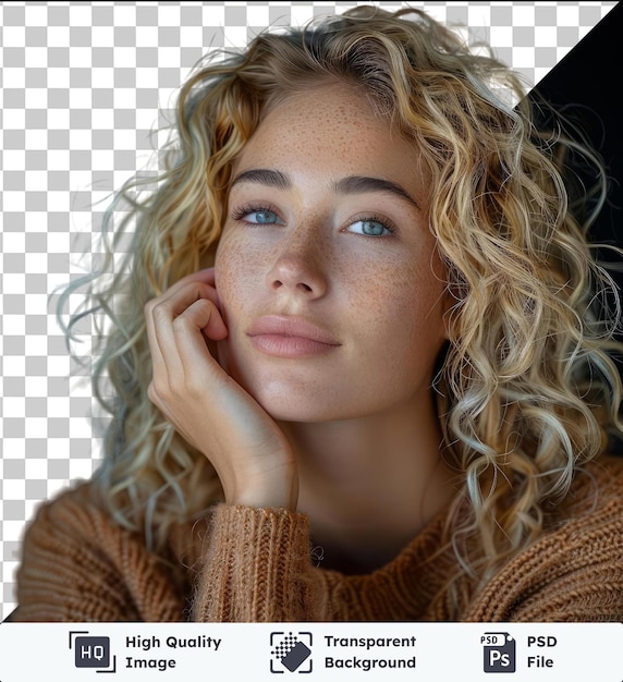 PSD high quality transparent psd pretty young blond woman with curly hair touching her cheek and looking to the left isolated on black background