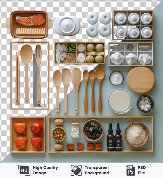 PSD high quality transparent psd professional chef39s gourmet kitchen set featuring wooden spoons a brown bowl and a white plate displayed on a wooden shelf against a blue wall