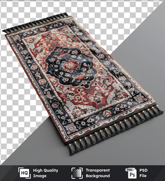 PSD high quality transparent psd ramadan prayer mat with intricate designs and colors placed on a wooden floor with a red and white striped pillow and a green plant in the background