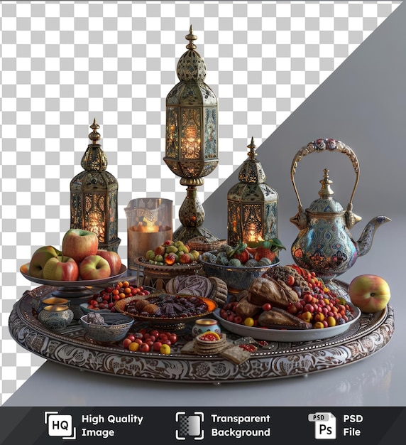 High quality transparent psd ramadan traditional dishdasha featuring a colorful array of fruits and flowers on a transparent background accompanied by a blue vase and a green watermelon