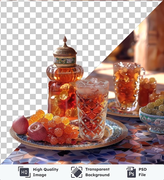 High quality transparent psd ramadan traditional drinks displayed on a table featuring a blue bowl glass jar and clear glass with a glass window in the background