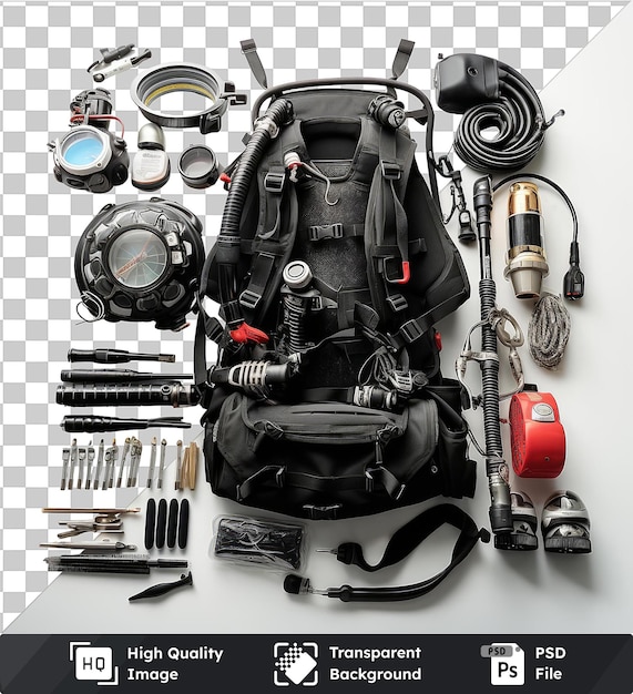 High quality transparent psd realistic photographic dive instructor _ s scuba gear a black headphone a black backpack and a silver watch