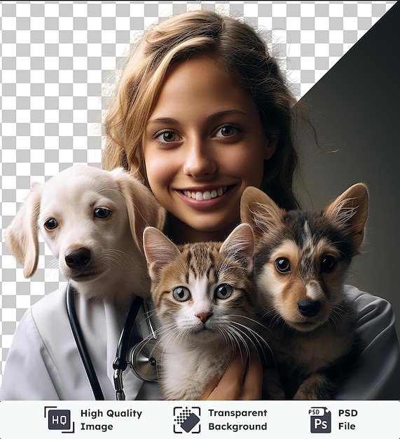 PSD high quality transparent psd realistic photographic veterinarians pet clinic a smiling woman with brown hair and blue and brown eyes holds a small brown and white dog with a pink nose