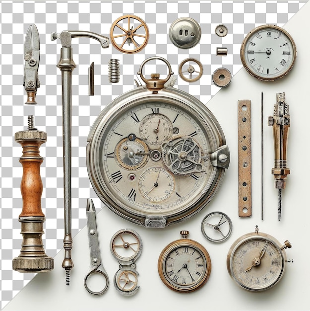 High quality transparent psd realistic photographic watchmaker _ s tools a collection of clocks including a silver clock a white clock a gold clock and a small clock arranged