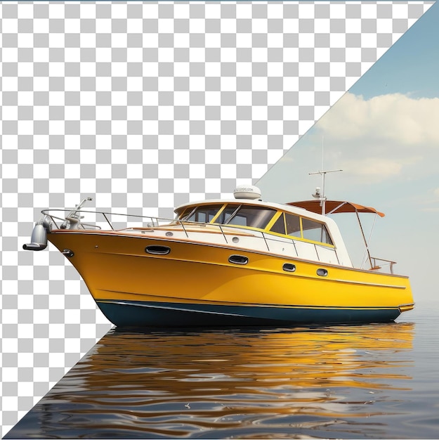 High quality transparent psd realistic photographic yacht captain _ s yacht boat on calm water under blue sky with white clouds