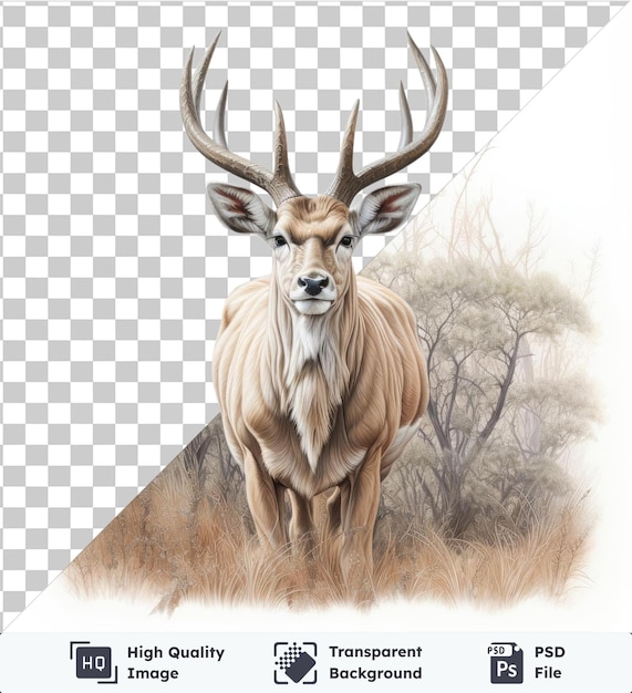 PSD high quality transparent psd realistic photographic zoological illustrators wildlife illustration featuring a brown deer with large horns a black nose and white ears standing in front of a bare tree