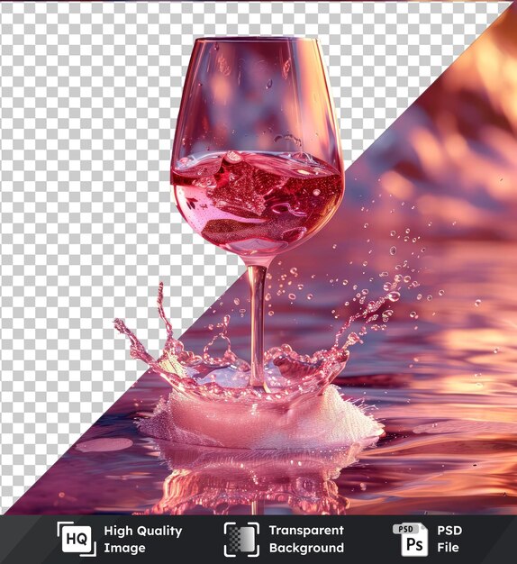 High quality transparent psd of red wine splashes in a clear wine glass with a long stem creating