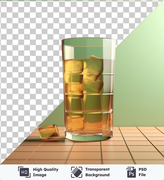 High quality transparent psd refreshing glass of iced tea on a tiled floor against a green wall