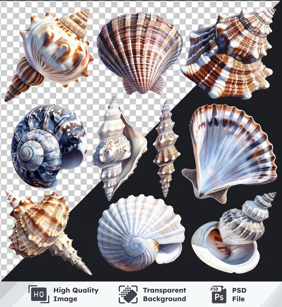 PSD high quality transparent psd set of watercolor seashells isolated on black background