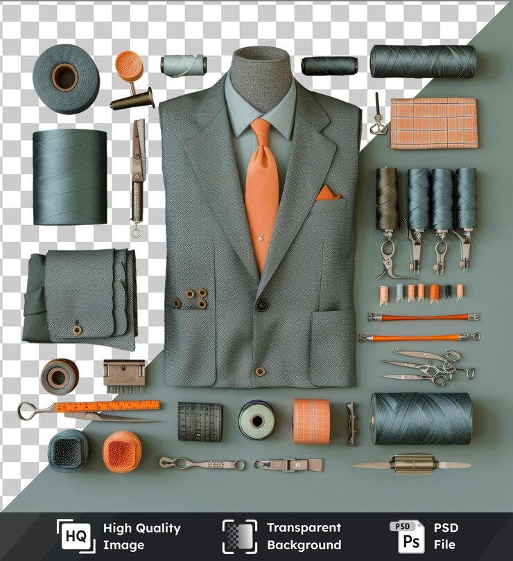 PSD high quality transparent psd sewing and tailoring set featuring a gray suit orange tie and silver scissors displayed against a blue and white wall