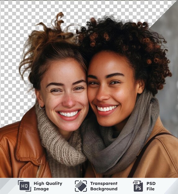 High quality transparent psd of smiling lesbian couple in leather jacket gray scarf brown hair and