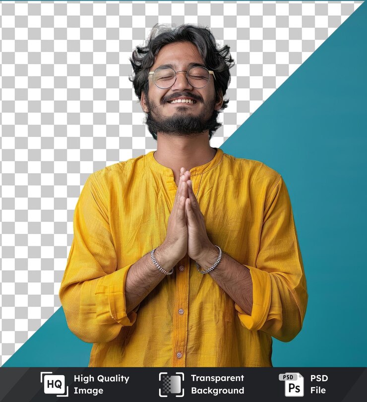 PSD high quality transparent psd smiling positive indian man wearing yellow shirt holding fingers cros