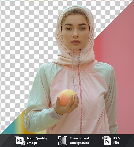 PSD high quality transparent psd sport woman holding a tennis ball in front of a pink wall wearing a pink and white hoodie with a white and pink zipper and with an open mouth