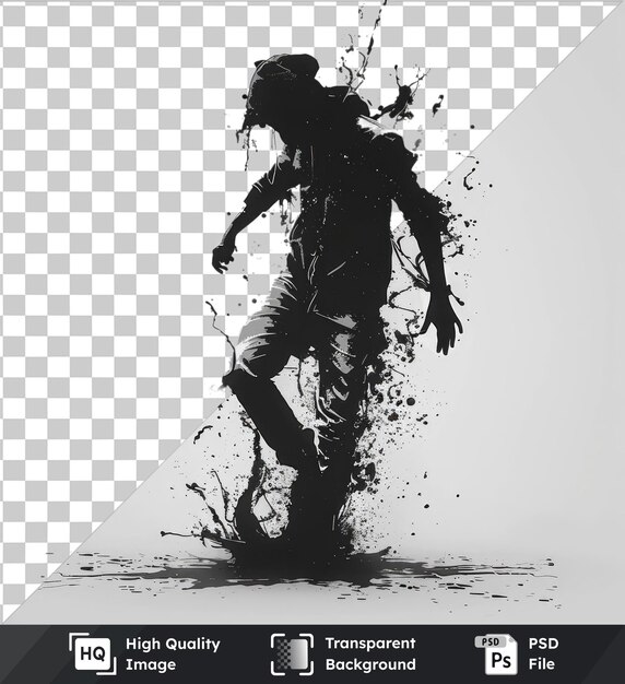 High quality transparent psd stencil art splashes vector symbol spray shadow on a white sky background featuring a man with a black head and extended arm and a dark shadow