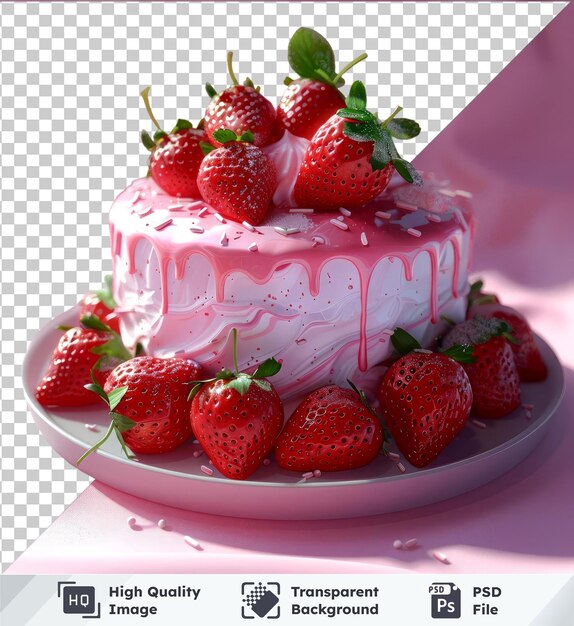 PSD high quality transparent psd strawberry cake with fresh strawberries on a white plate on a pink