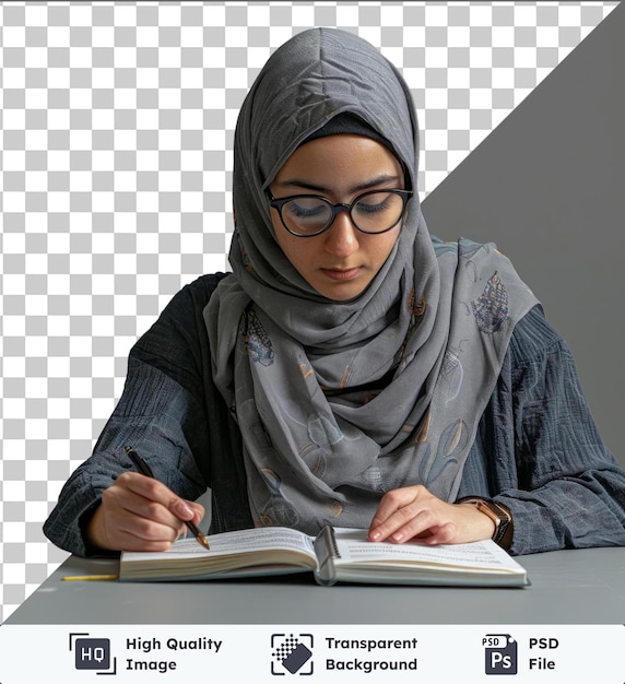 PSD high quality transparent psd a student studying for an exam wearing a gray scarf and black glasses with an open book in front of them against a gray and white wall with