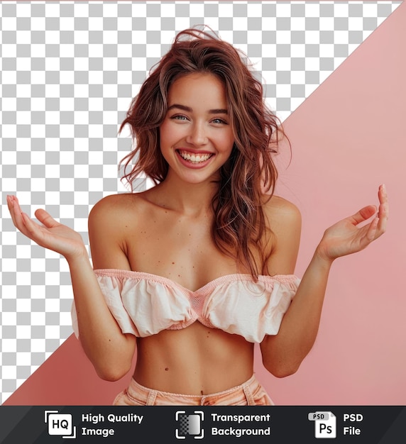 High quality transparent psd studio shot of happy young beautiful woman smiling and showing something to the camera