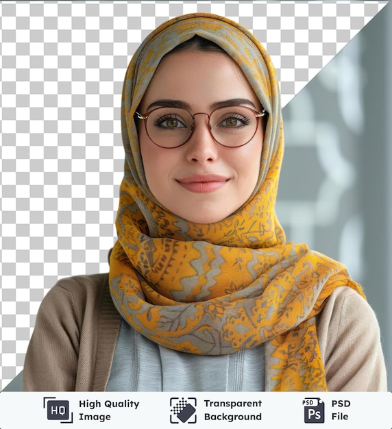 PSD Высококачественная прозрачная psd целевая информация о работе отображается на женщине в желтом шарфе и коричневых очках с выделяющимся носом и коричневыми глазами