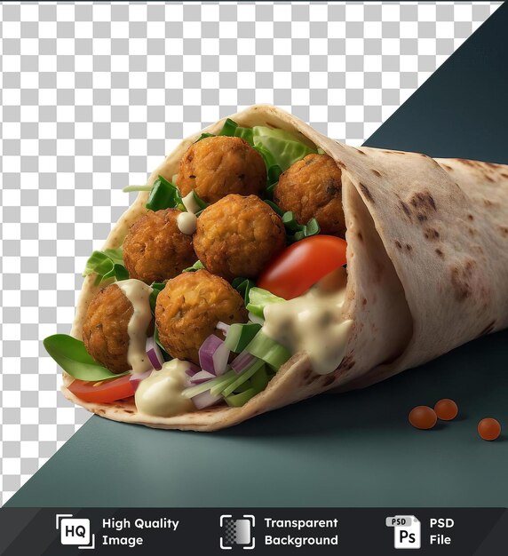 PSD high quality transparent psd tasty falafel wrap with meatballs tomatoes and lettuce on a blue table