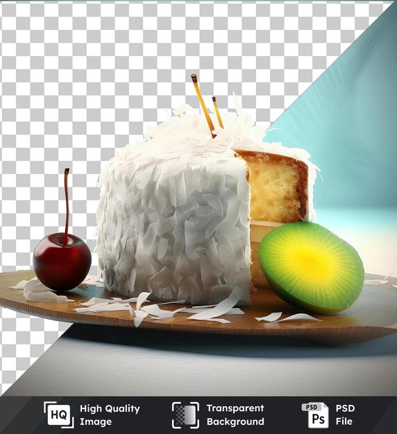 PSD high quality transparent psd tender coconut cake topped with a red apple and a brown stem served on a transparent background with a yellow candle in the background against a blue wall