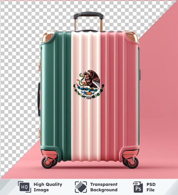 PSD high quality transparent psd travel suitcase mockup with the flag of mexico on it