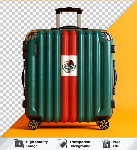 High quality transparent psd travel suitcase mockup with the flag of mexico on it