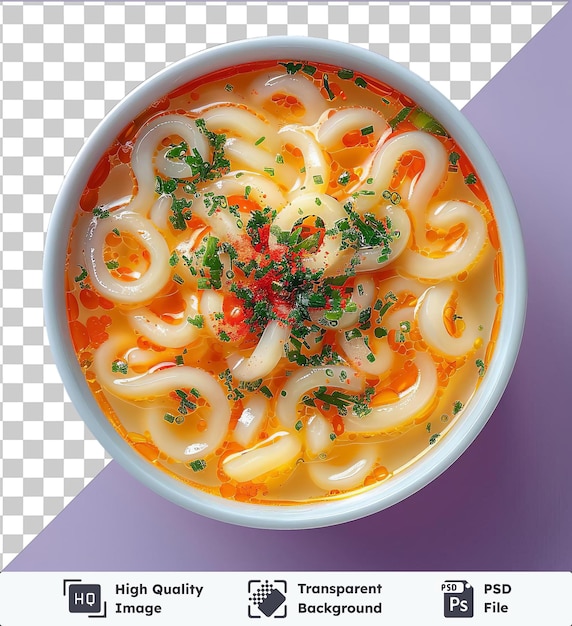 High quality transparent psd udon noodles served in a white bowl on a purple table