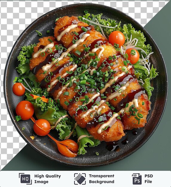 High quality transparent psd vegetable katsu dish featuring fresh green broccoli and juicy red tomatoes