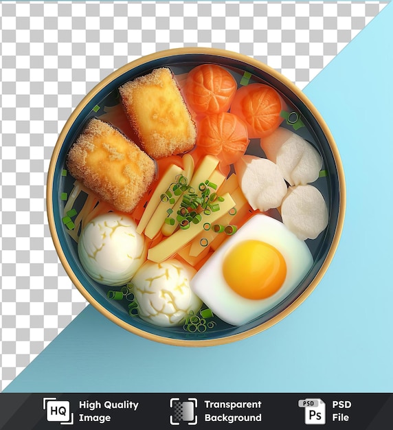 High quality transparent psd vegetable oden featuring sliced orange carrots a white egg and a yellow yolk in a blue bowl
