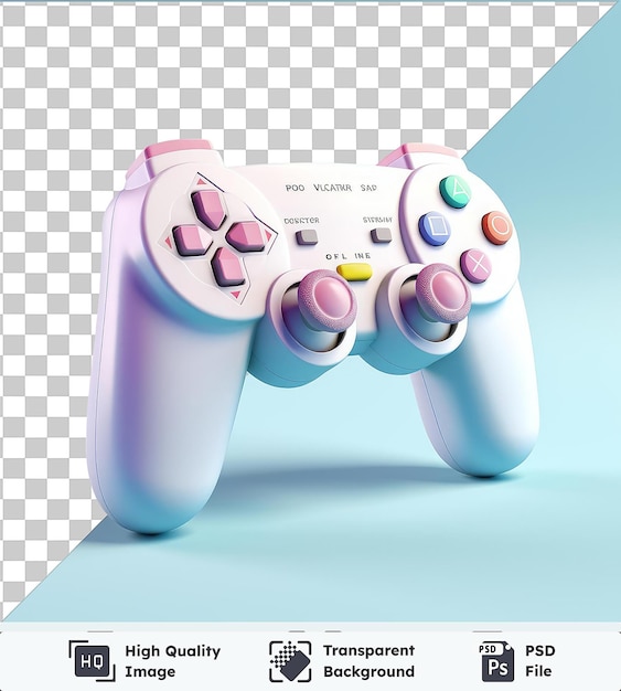 High quality transparent psd a video game controller featuring a white controller with various buttons including red blue green yellow and pink set against a clear blue sky