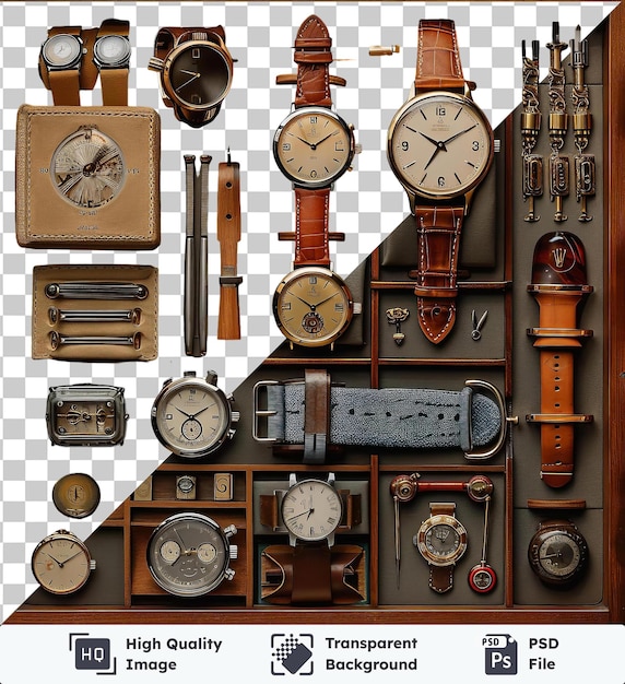 PSD 高品質の透明なpsdヴィンテージ時計と時計セット - 壁に展示された時計のコレクション