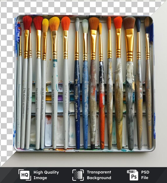 PSD high quality transparent psd watercolor painting set featuring a variety of brushes including a blue brush a red brush and an orange brush arranged in a box