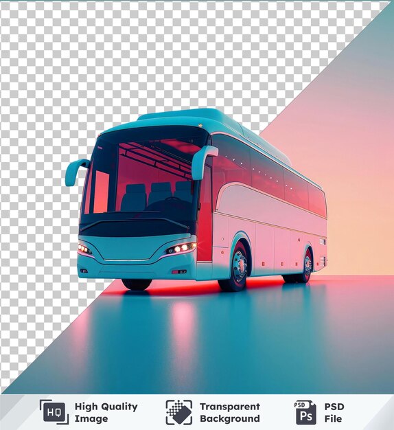 고품질의 투명한 Psd 색 승객 버스, 파란 거울과 은 타이어, 분홍색 하늘을 배경으로