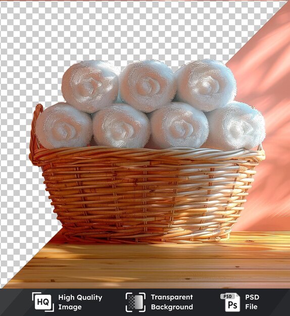 PSD high quality transparent psd of white towels in wicker basket against pink wall