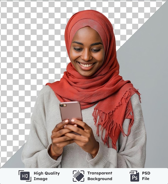 PSD high quality transparent psd a woman is smiling and holding a phone with the words free on it wearing a red scarf and with a big nose against a gray and white wall
