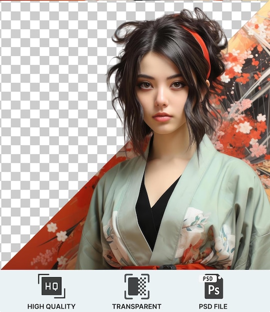 PSD high quality transparent psd a woman with black hair and a brown eye wearing a kimono