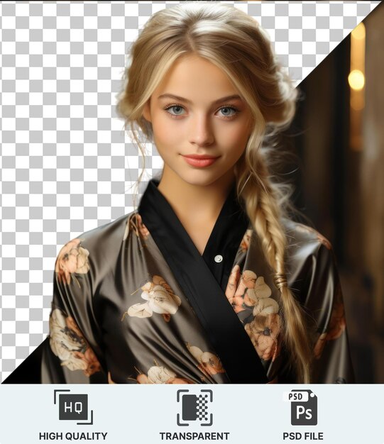 PSD high quality transparent psd a woman with blond hair and blue eyes wearing a kimono with a white button visible in the background