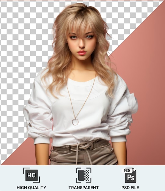 PSD high quality transparent psd a woman with long blond hair wearing a white shirt and brown pants accessorized with a gold necklace standing in front of a pink wall