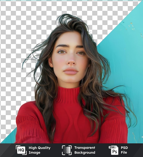 PSD high quality transparent psd woman with red sweater over blue wall making a selfie