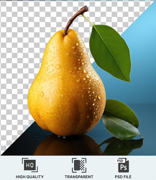 PSD high quality transparent psd a yellow pear with a brown stem and green leaves placed on a blue table with a shiny reflection