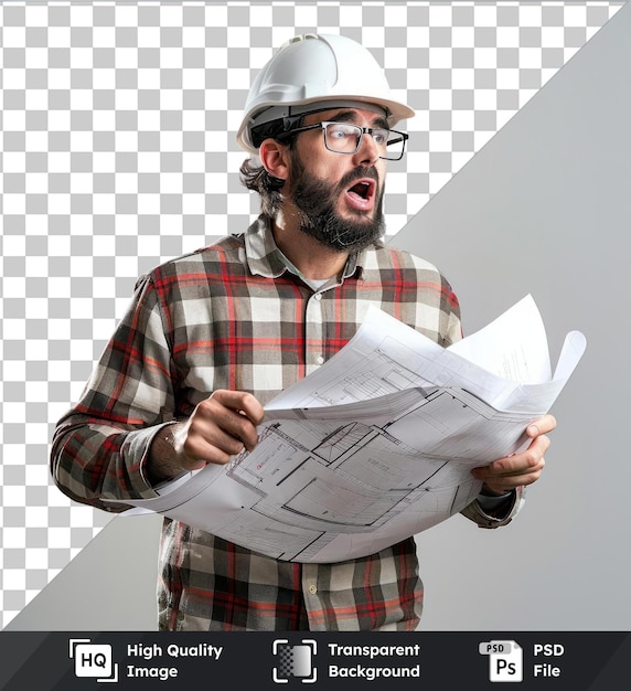 High quality transparent psd young architect man with helmet and holding blueprints having a pain in the heart