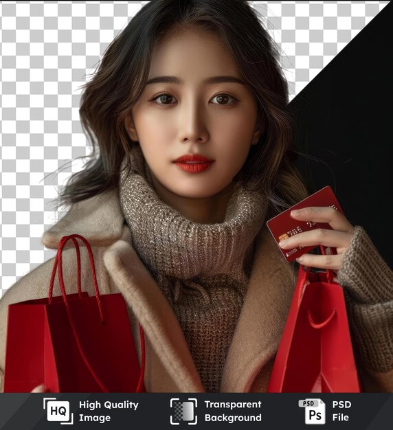 PSD high quality transparent psd young asian woman holding credit card and red shopping bags wearing a white and brown scarf with brown hair and eyes and a small nose