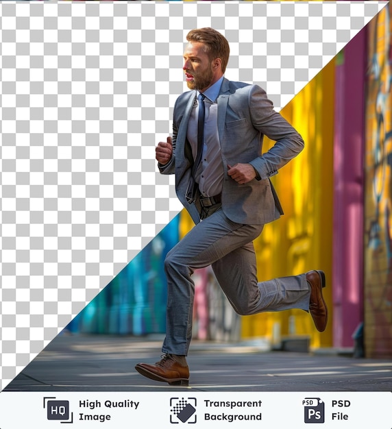 PSD Высококачественное прозрачное psd молодой бизнесмен бежит перед красочной стеной в сером костюме черный галстук и коричневые туфли с короткими коричневыми волосами и рукой, видимой в