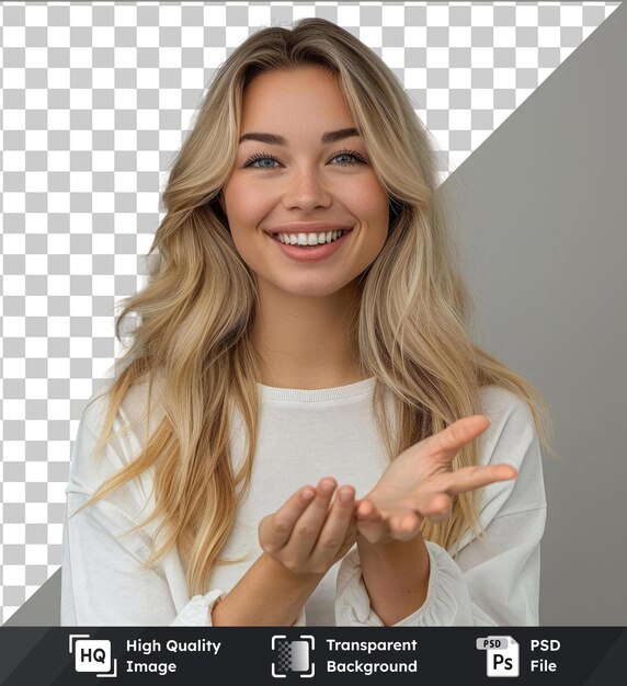 PSD high quality transparent psd young pretty blonde woman smiling feeling happy positive and satisfied holding or showing object or concept on copy space business concept